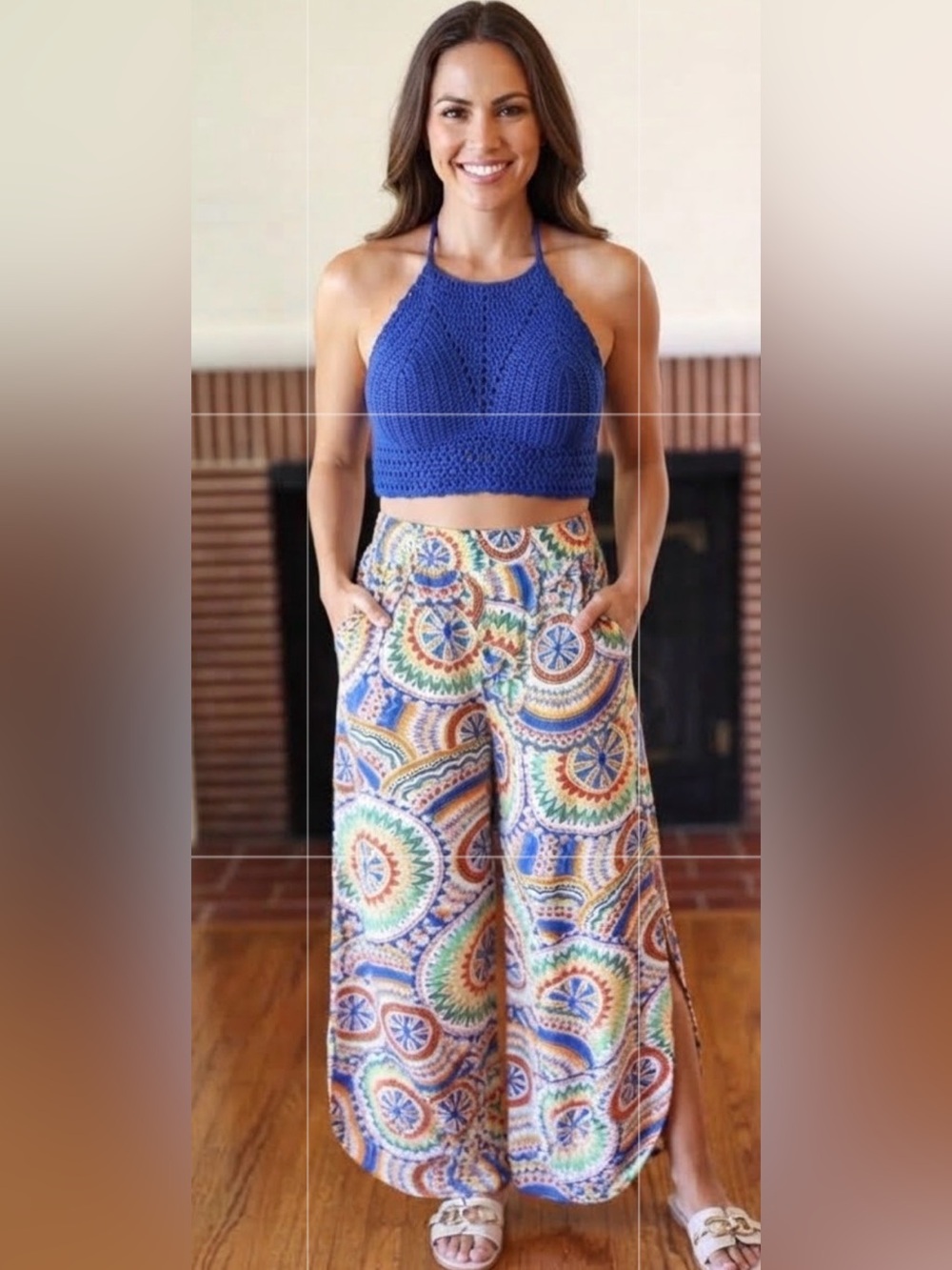 Andthewhy MULTICOLOR MANDALA SMOCKED WAIST SIDE SLIT PALAZZO PANTS